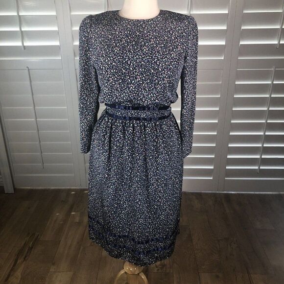 Vtg 80s Stuart Alan Petites Blue Floral Secretary Dress 14 Blouson Prairie - Picture 1 of 12